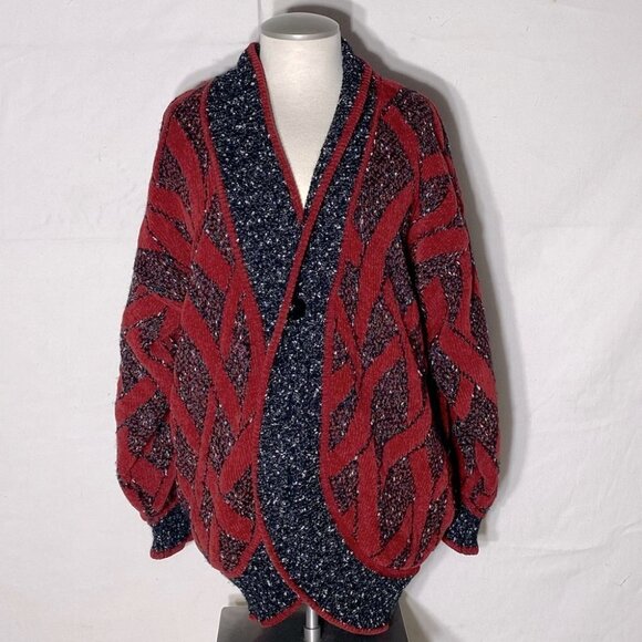 Vintage 90s Gil Aimbez Red & Dark Grey Oversized Cardigan L - Picture 2 of 16